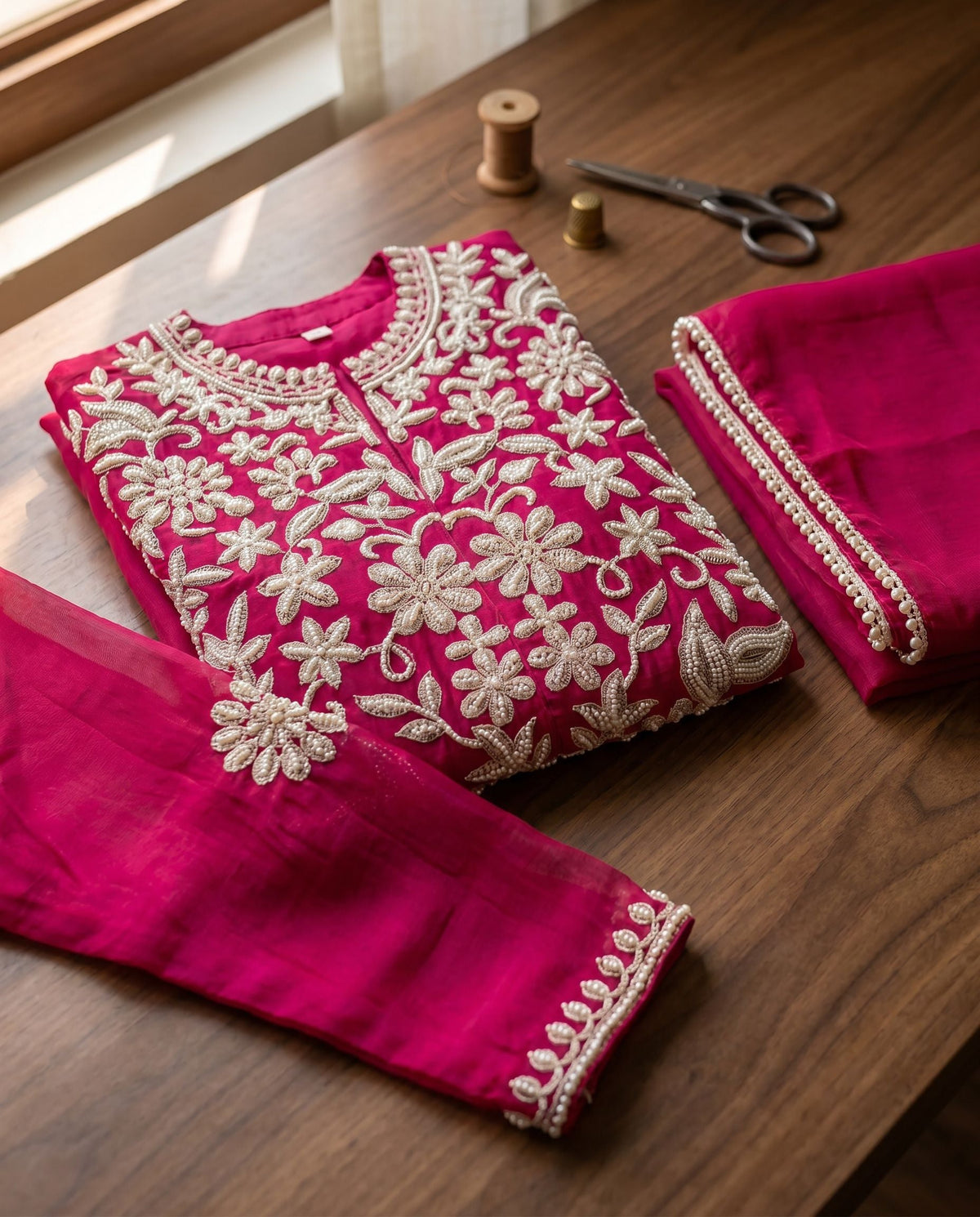 Pink Chinon Embroidered Palazzo Suit (Readymade)