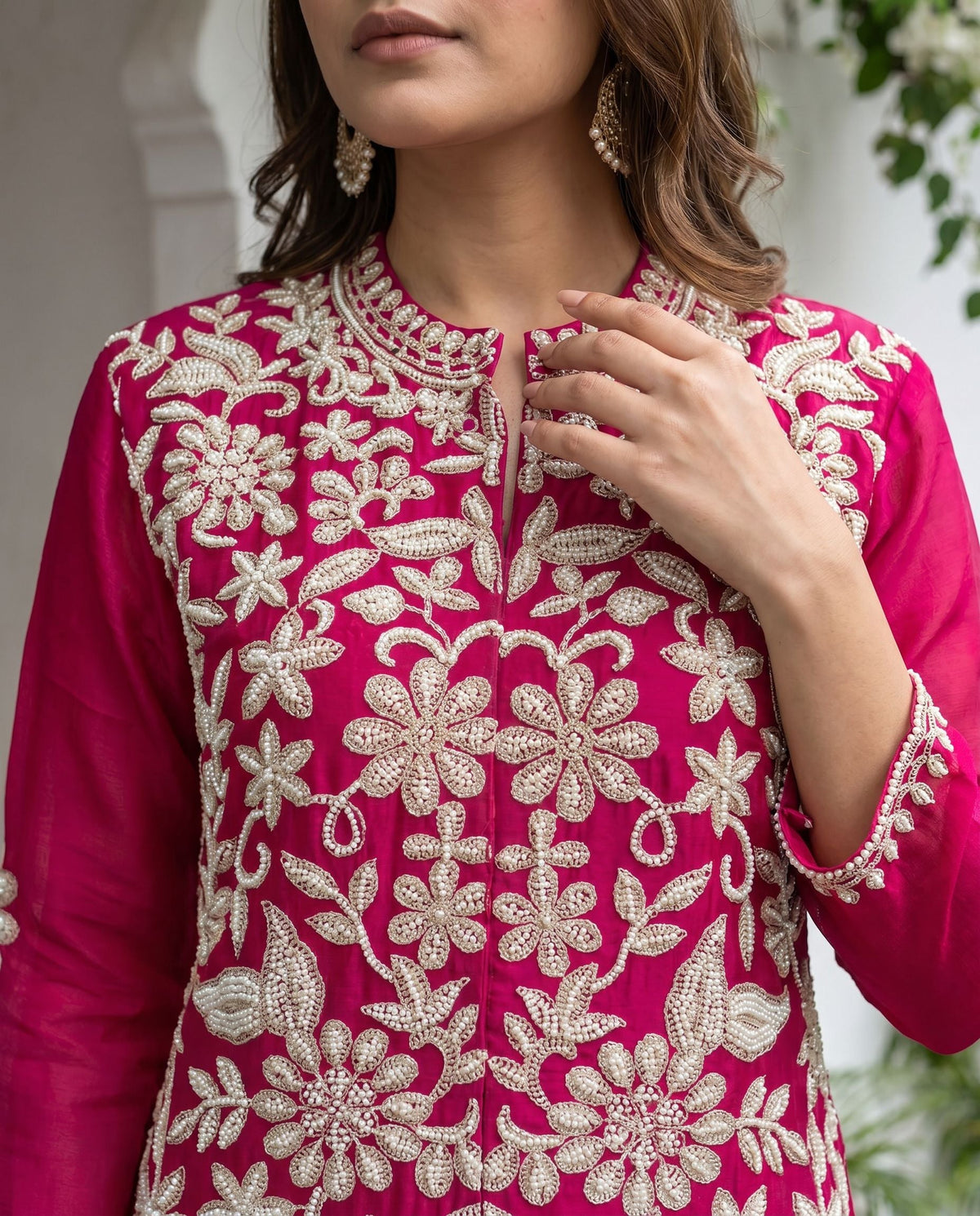 Pink Chinon Embroidered Palazzo Suit (Readymade)