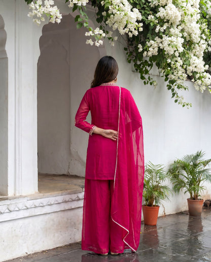 Pink Chinon Embroidered Palazzo Suit (Readymade)
