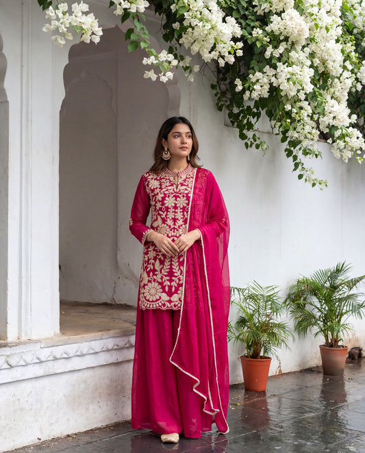 Pink Chinon Embroidered Palazzo Suit (Readymade)