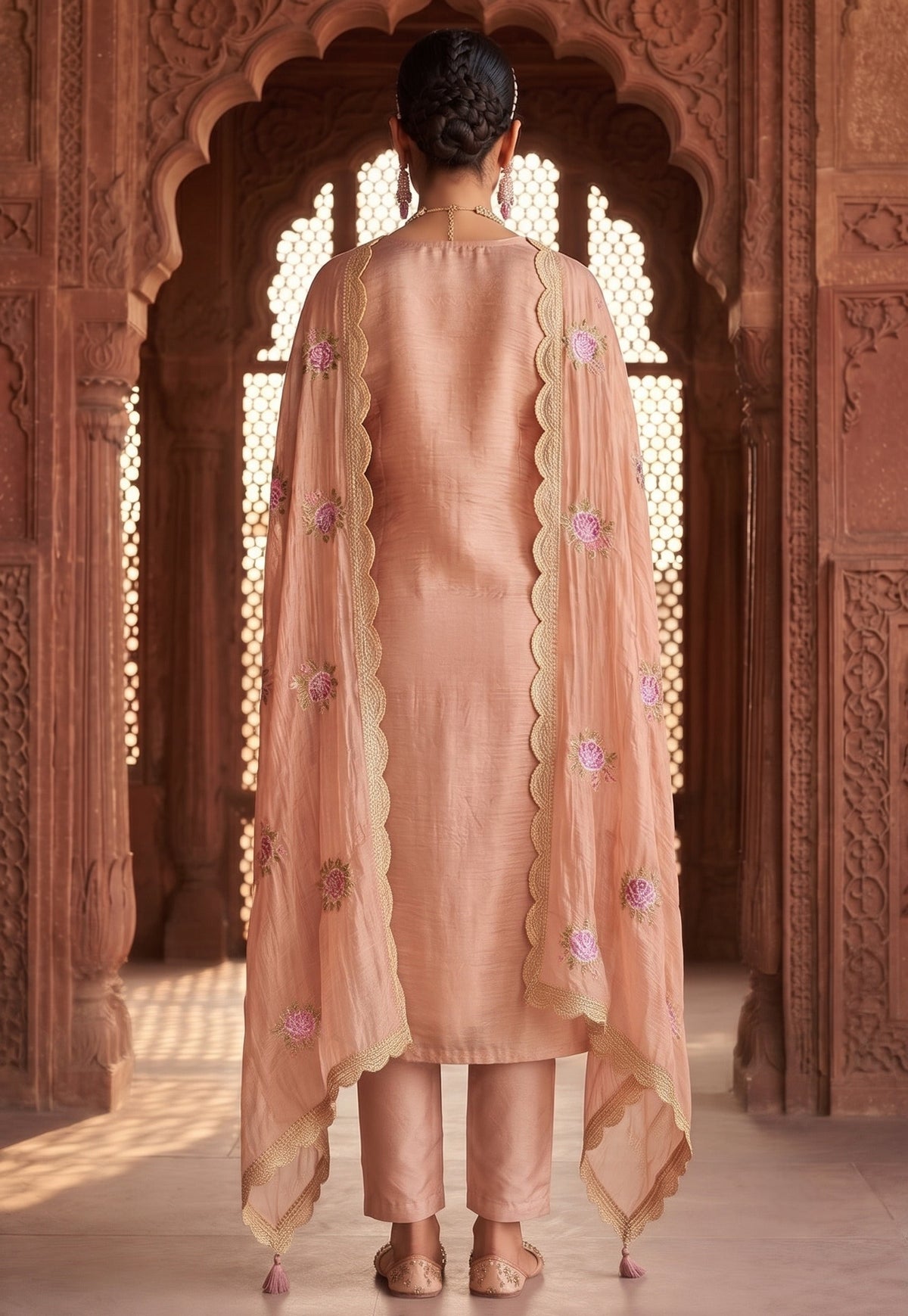 Pink Gold Silk Embroidered Straight Suit (Semi-Stitched)