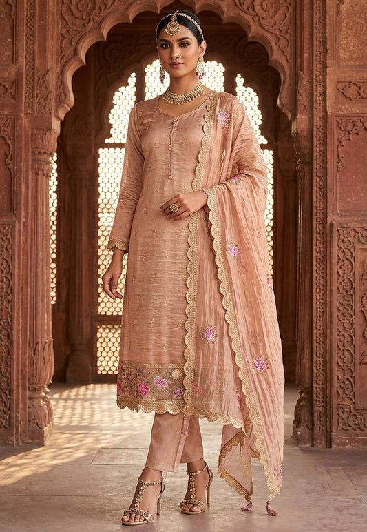 Pink Gold Silk Embroidered Straight Suit (Semi-Stitched)