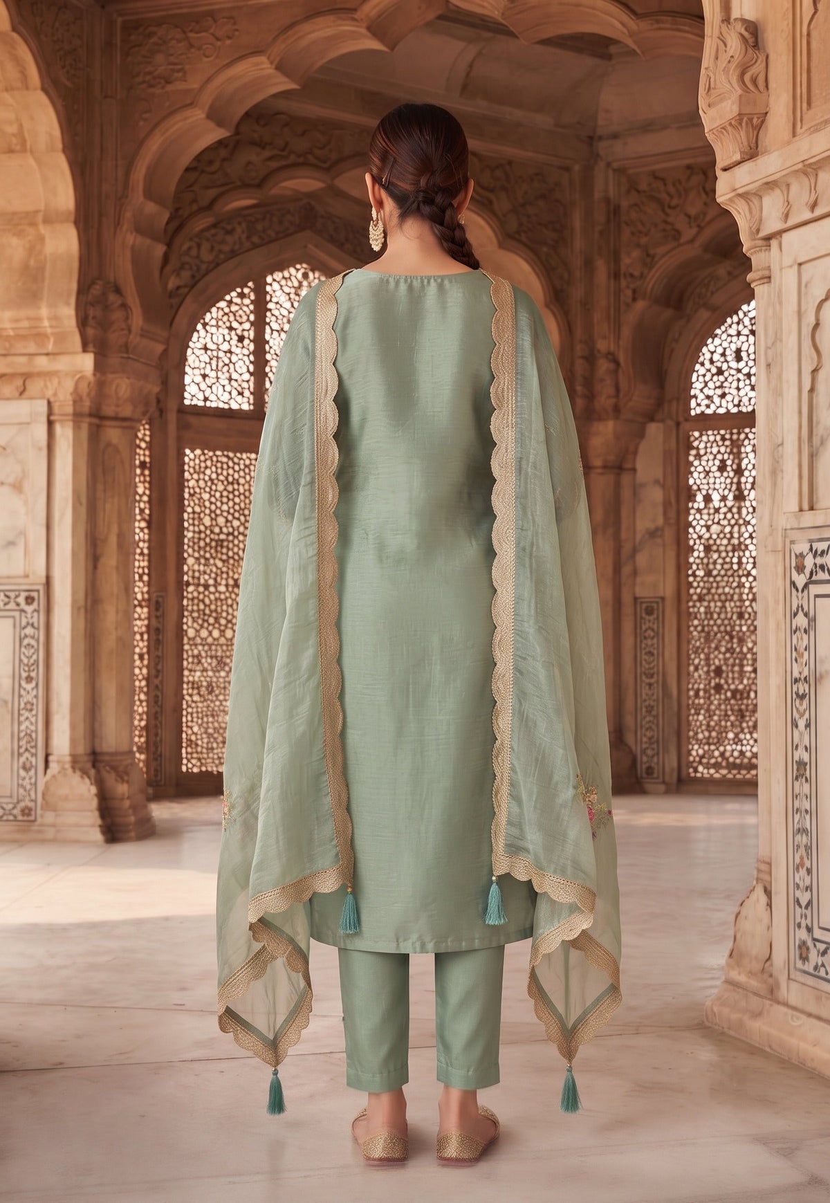 Aqua Gold Silk Embroidered Straight Suit (Semi-Stitched)