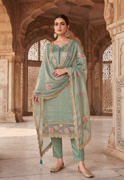 Aqua Gold Silk Embroidered Straight Suit (Semi-Stitched)