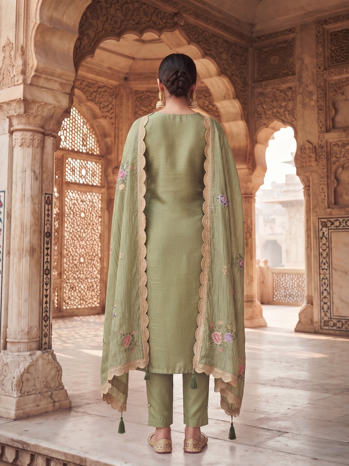 Green Gold Silk Embroidered Straight Suit (Semi-Stitched)