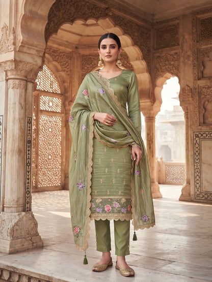 Green Gold Silk Embroidered Straight Suit (Semi-Stitched)