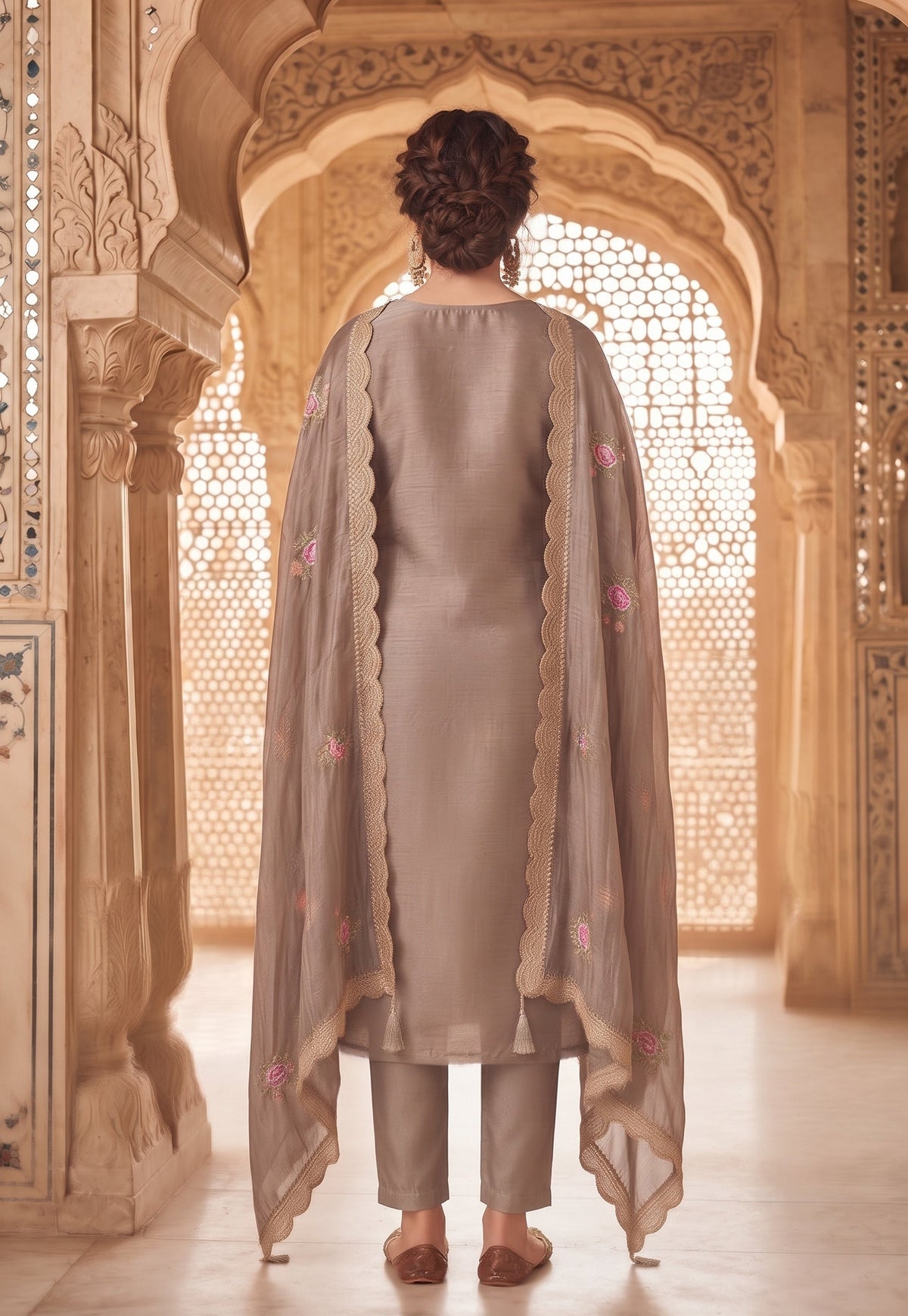 Brown Gold Silk Embroidered Straight Suit (Semi-Stitched)