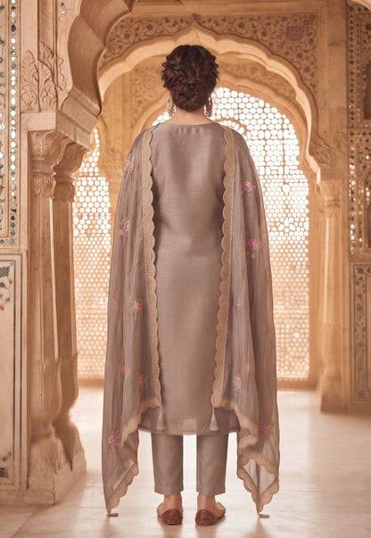 Brown Gold Silk Embroidered Straight Suit (Semi-Stitched)