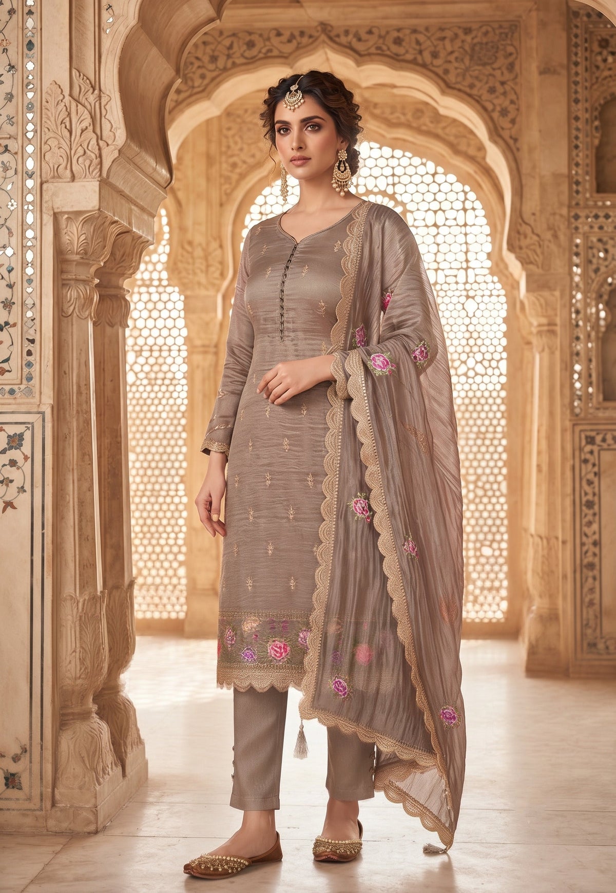 Brown Gold Silk Embroidered Straight Suit (Semi-Stitched)