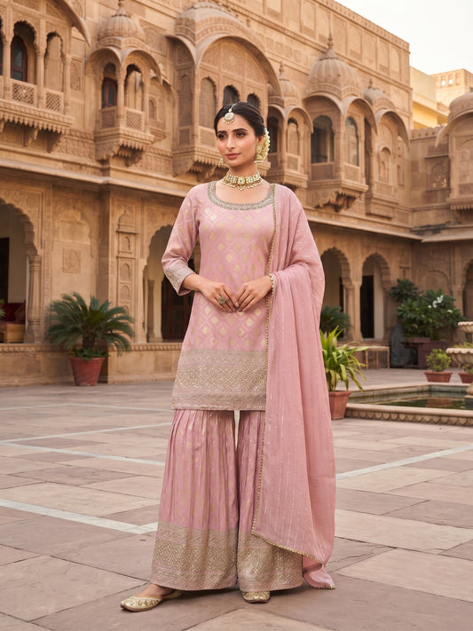 Pink Viscose Embroidered Palazzo Suit (Free Size Stitched)