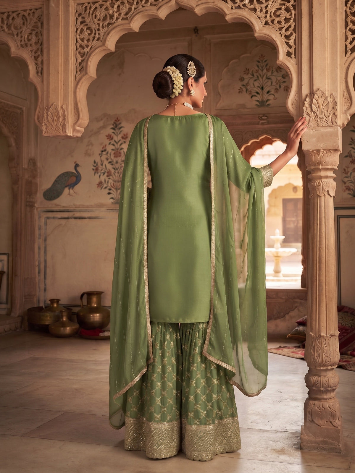 Green Viscose Embroidered Palazzo Suit (Free Size Stitched)