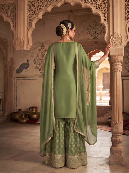Green Viscose Embroidered Palazzo Suit (Free Size Stitched)
