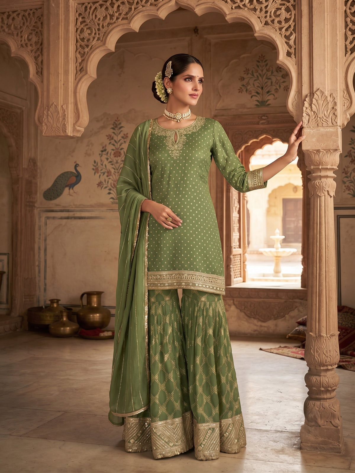 Green Viscose Embroidered Palazzo Suit (Free Size Stitched)