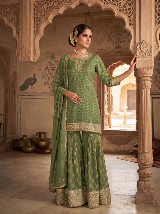 Green Viscose Embroidered Palazzo Suit (Free Size Stitched)