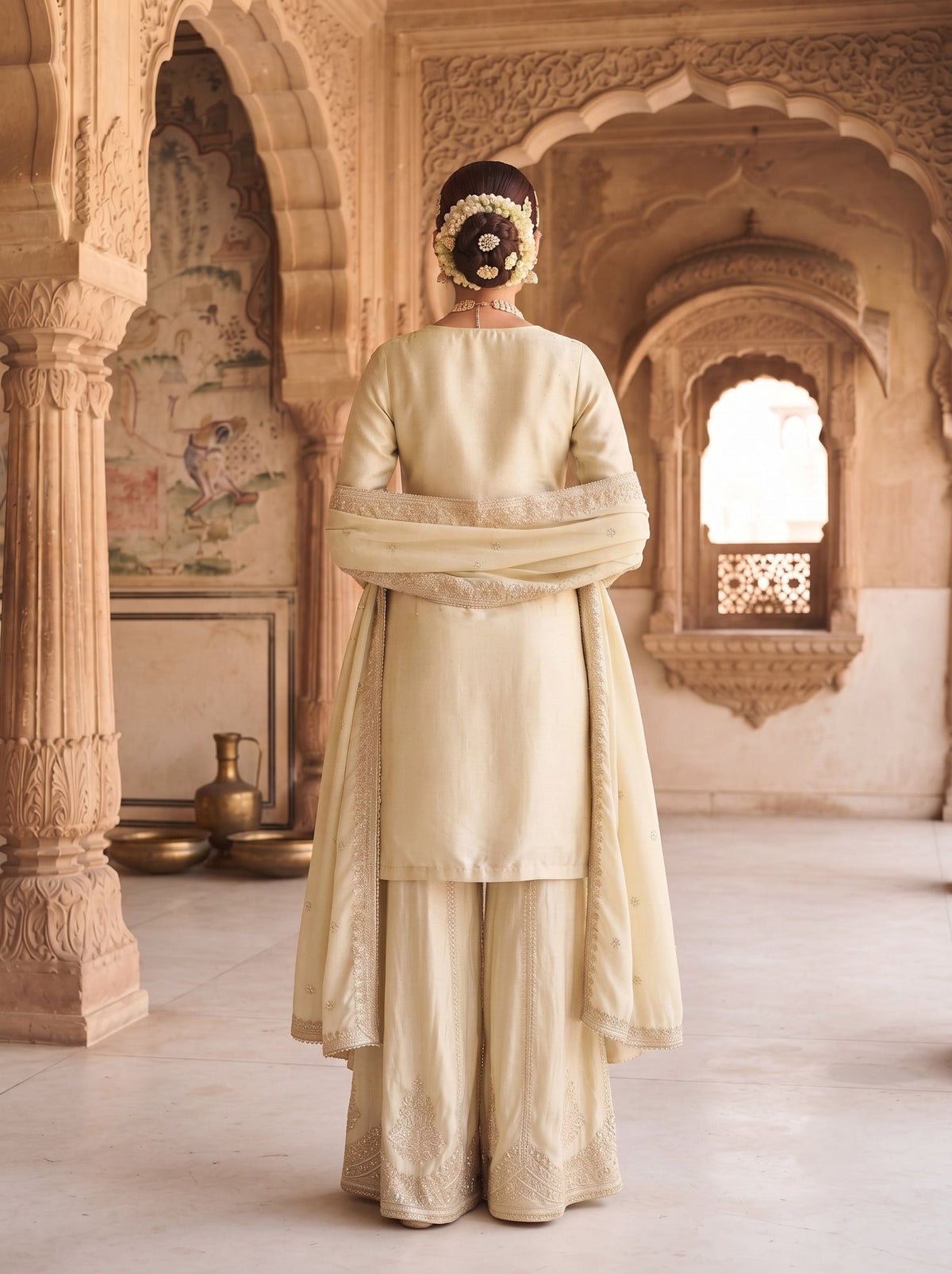 Cream Viscose Embroidered Palazzo Suit (Free Size Stitched)