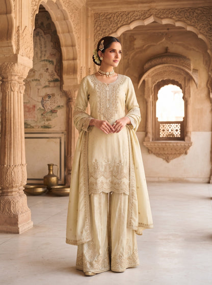 Cream Viscose Embroidered Palazzo Suit (Free Size Stitched)