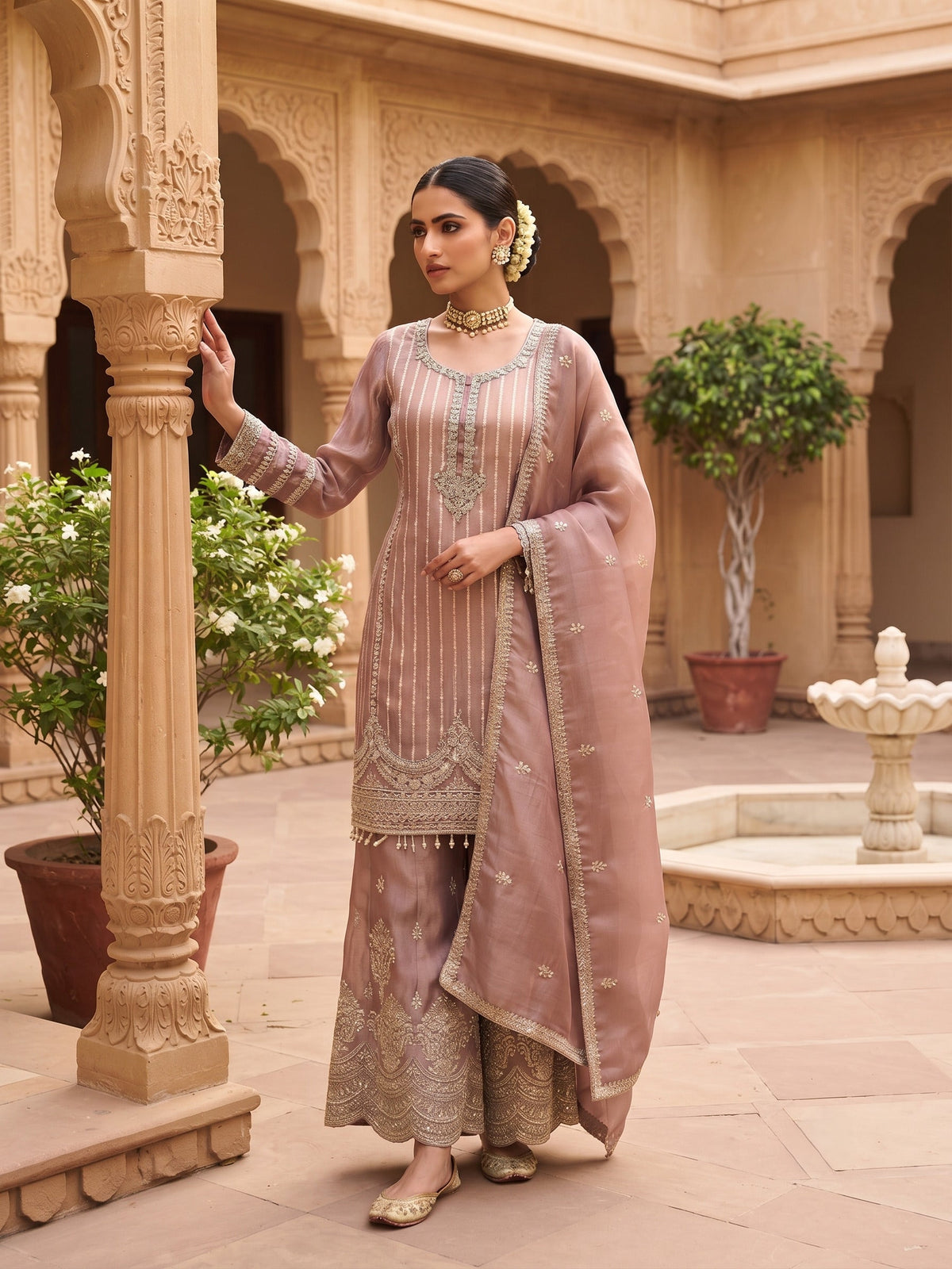 Mauve Viscose Embroidered Palazzo Suit (Free Size Stitched)