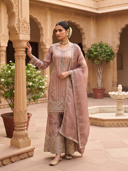 Mauve Viscose Embroidered Palazzo Suit (Free Size Stitched)