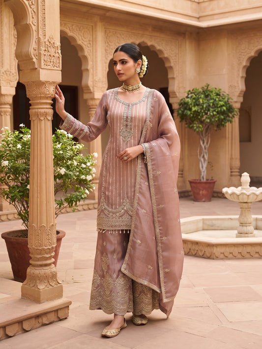 Mauve Viscose Embroidered Palazzo Suit (Free Size Stitched)