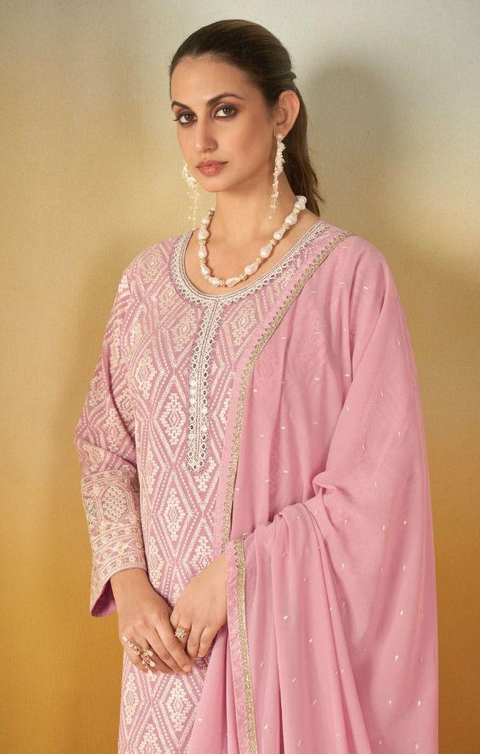 Pink Georgette Embroidered Palazzo Suit (Free Size Stitched)
