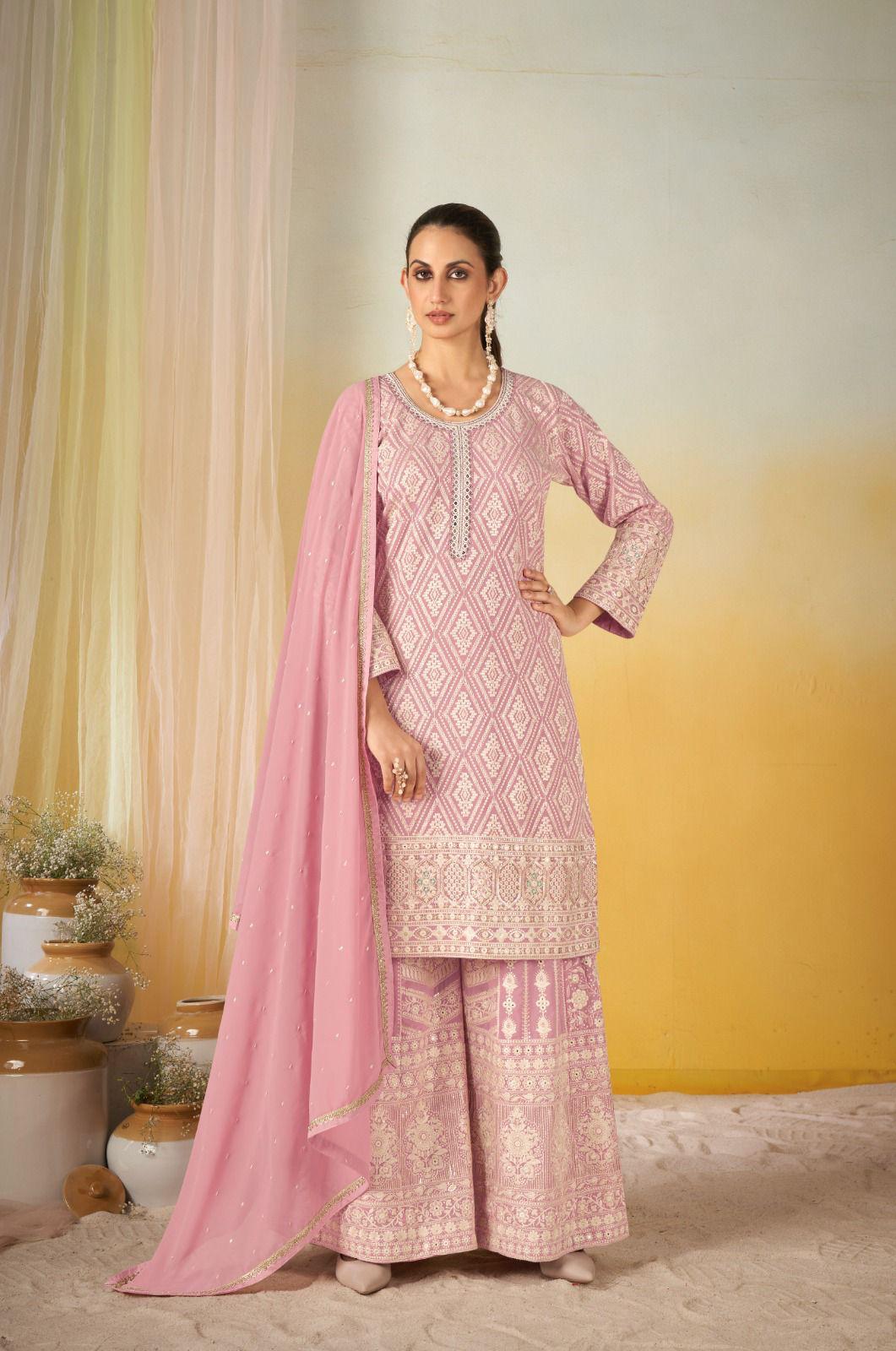 Pink Georgette Embroidered Palazzo Suit (Free Size Stitched)