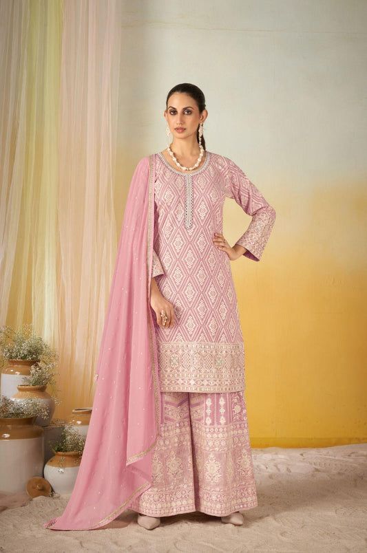 Pink Georgette Embroidered Palazzo Suit (Free Size Stitched)