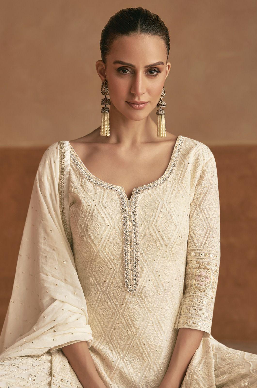 Cream Georgette Embroidered Palazzo Suit (Free Size Stitched)