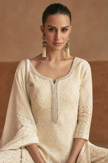 Cream Georgette Embroidered Palazzo Suit (Free Size Stitched)