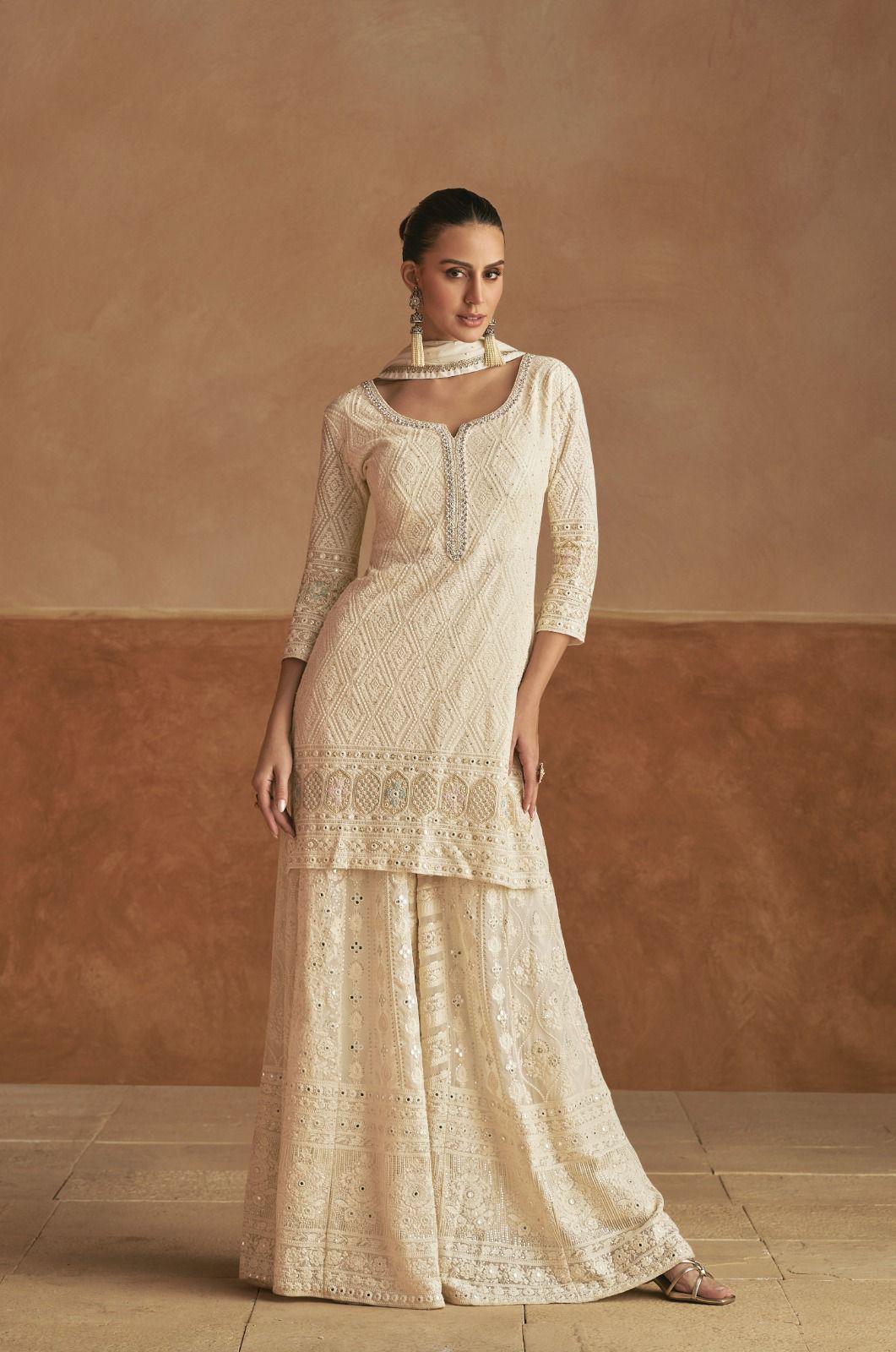 Cream Georgette Embroidered Palazzo Suit (Free Size Stitched)