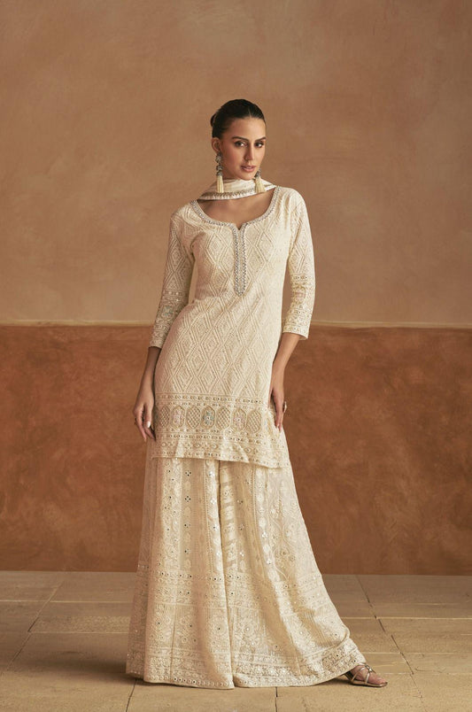 Cream Georgette Embroidered Palazzo Suit (Free Size Stitched)