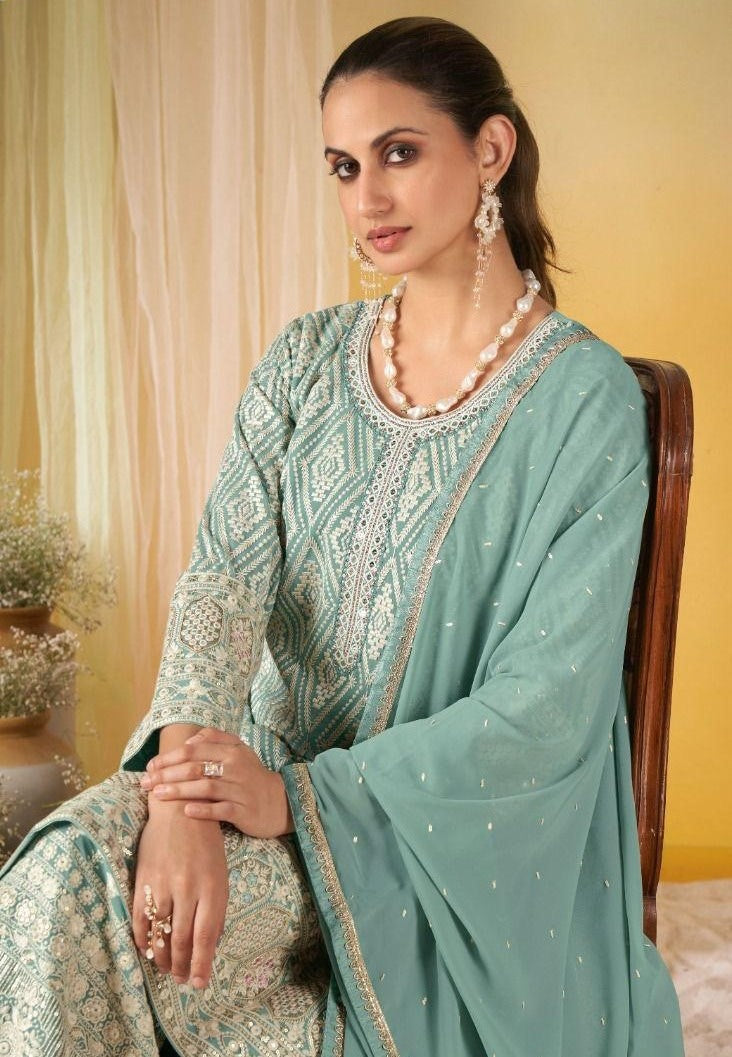 Aqua Georgette Embroidered Palazzo Suit (Free Size Stitched)