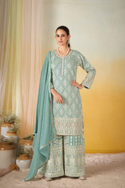 Aqua Georgette Embroidered Palazzo Suit (Free Size Stitched)