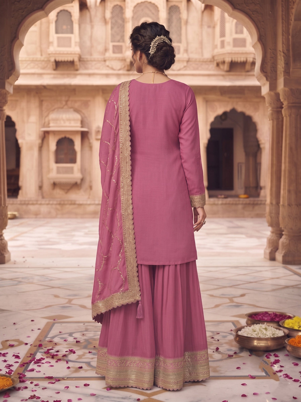 Magenta Chinon Embroidered Palazzo Suit (Free Size Stitched)