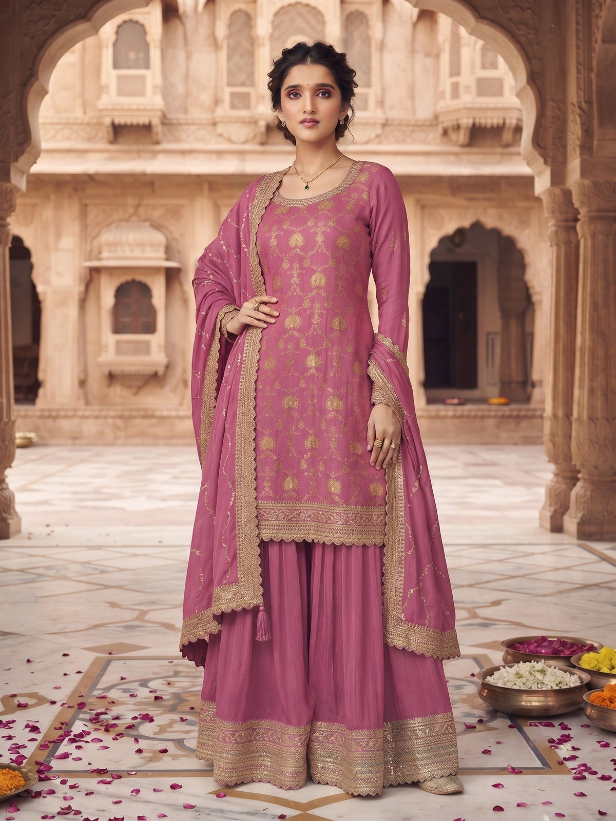 Magenta Chinon Embroidered Palazzo Suit (Free Size Stitched)