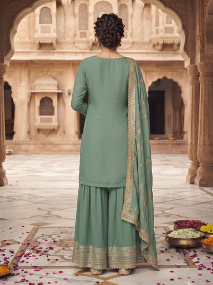 Teal Chinon Embroidered Palazzo Suit (Free Size Stitched)