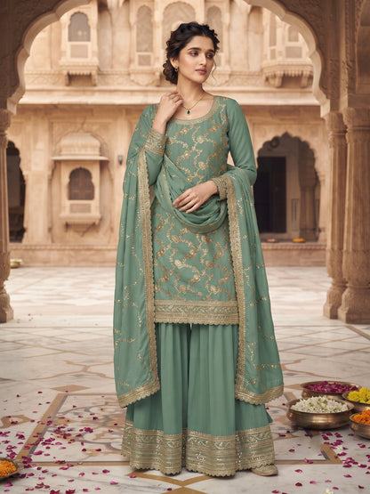 Teal Chinon Embroidered Palazzo Suit (Free Size Stitched)