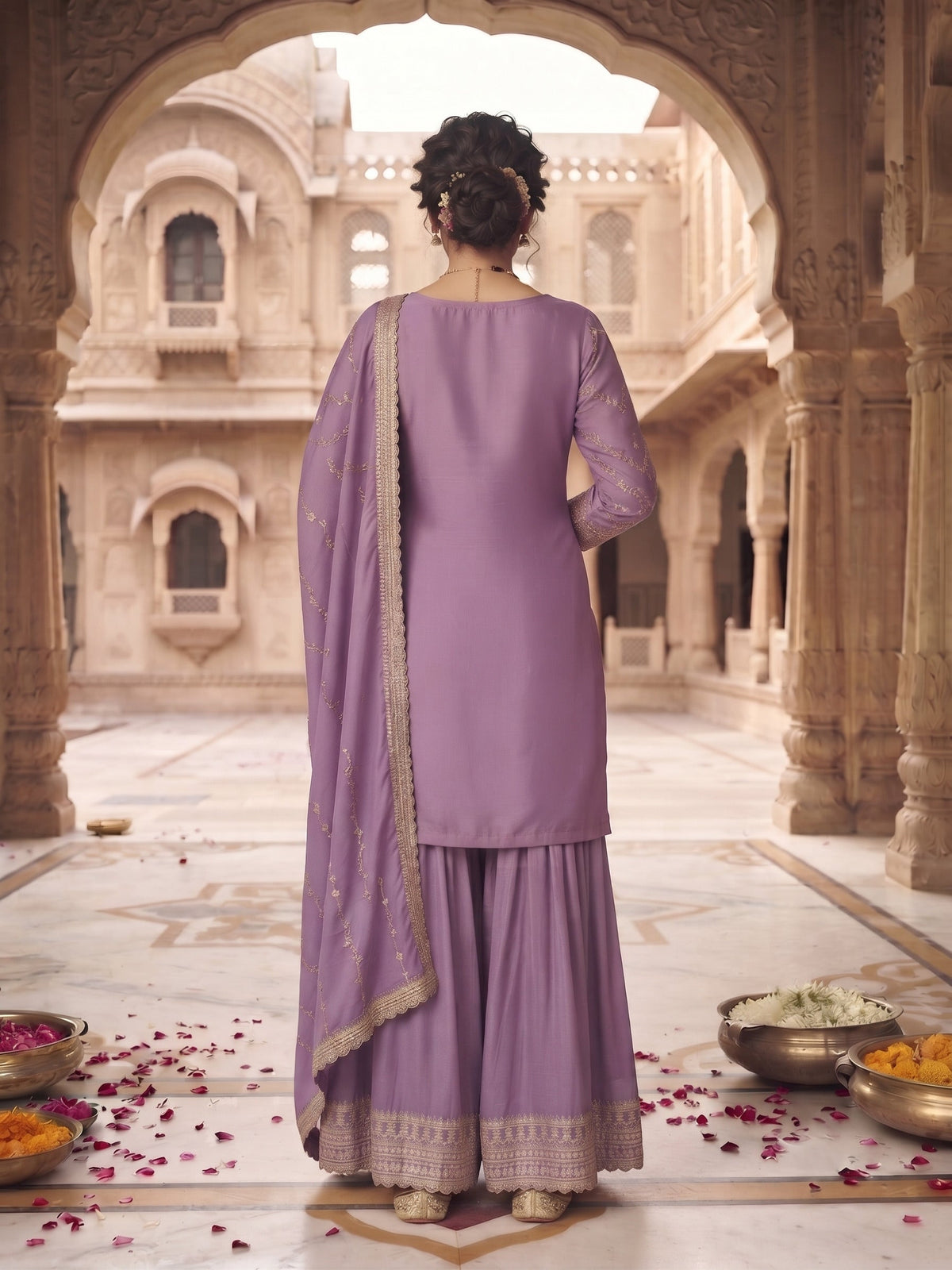 Lavender Chinon Embroidered Palazzo Suit (Free Size Stitched)