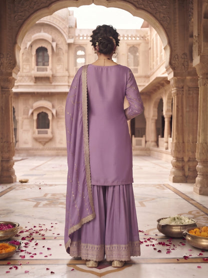Lavender Chinon Embroidered Palazzo Suit (Free Size Stitched)