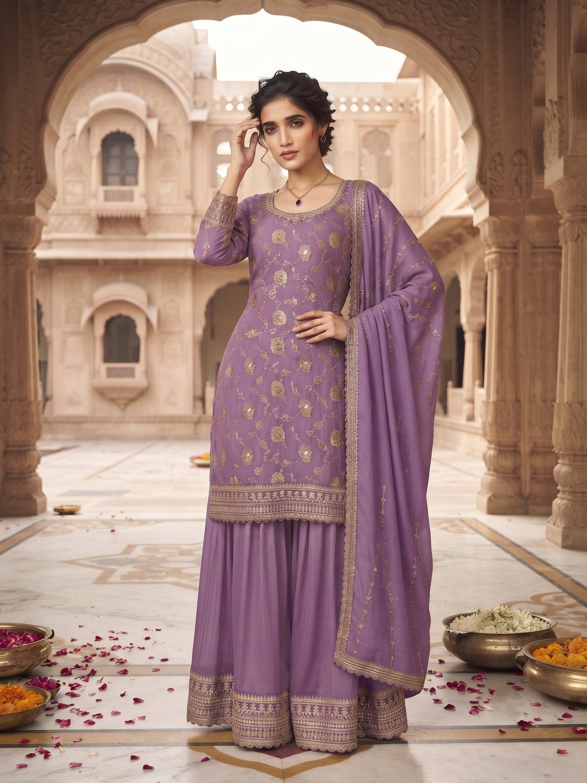 Lavender Chinon Embroidered Palazzo Suit (Free Size Stitched)