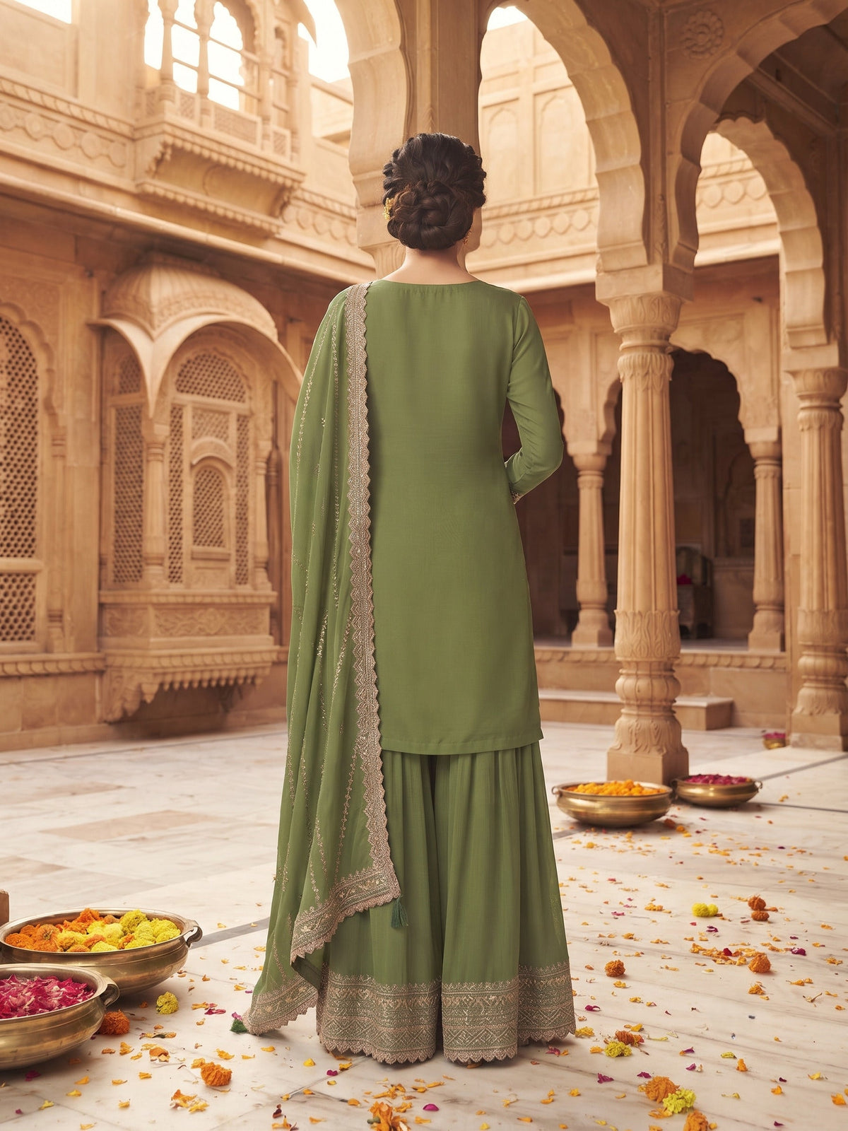 Green Chinon Embroidered Palazzo Suit (Free Size Stitched)