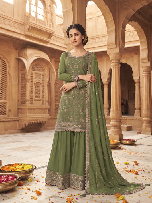 Green Chinon Embroidered Palazzo Suit (Free Size Stitched)