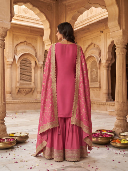 Pink Chinon Embroidered Palazzo Suit (Free Size Stitched)