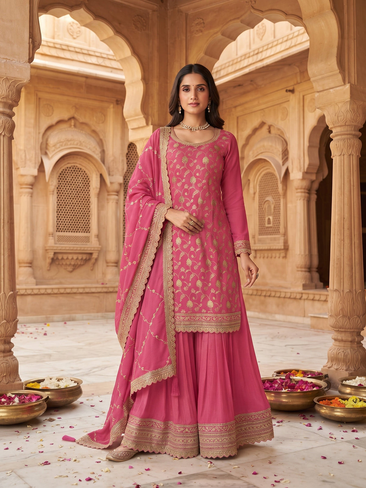 Pink Chinon Embroidered Palazzo Suit (Free Size Stitched)