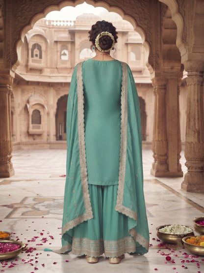 Turquoise Chinon Embroidered Palazzo Suit (Free Size Stitched)