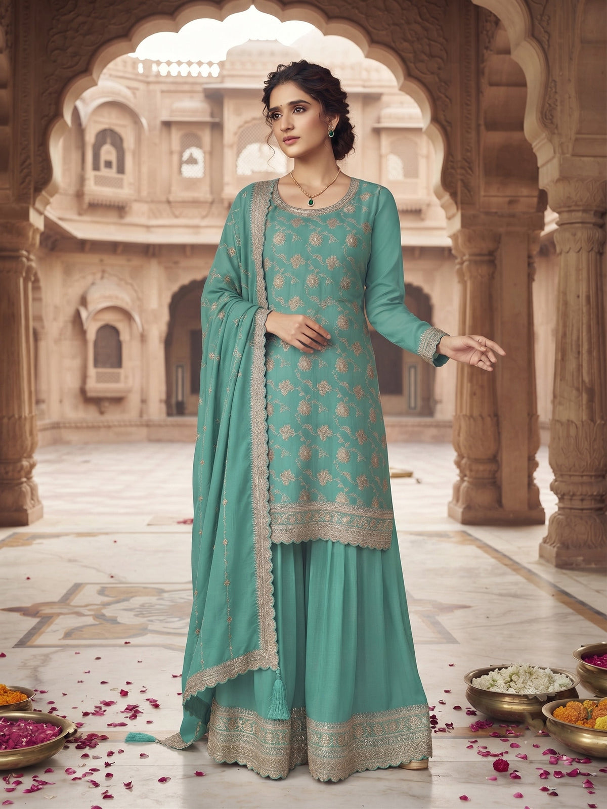 Turquoise Chinon Embroidered Palazzo Suit (Free Size Stitched)