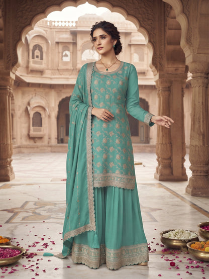 Turquoise Chinon Embroidered Palazzo Suit (Free Size Stitched)