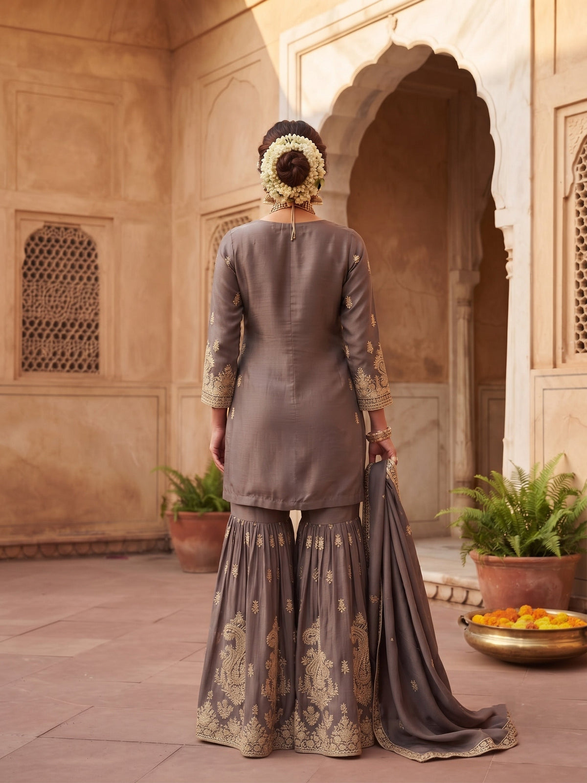 Gray Chinon Embroidered & Hand Work Designer Gharara Suit (Free Size Stitched)