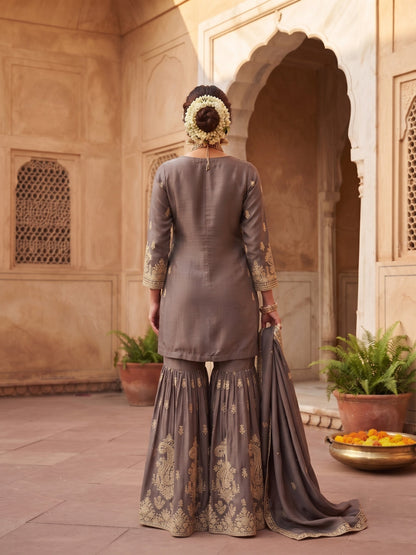 Gray Chinon Embroidered & Hand Work Designer Gharara Suit (Free Size Stitched)