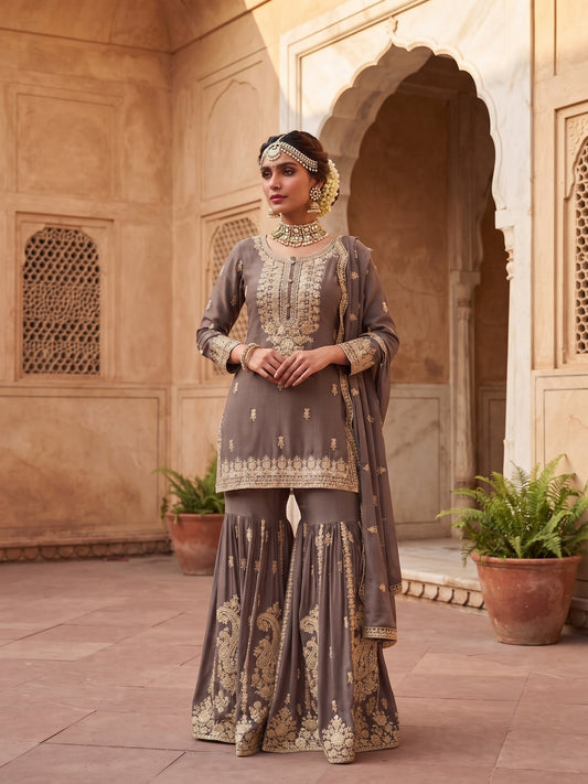 Gray Chinon Embroidered & Hand Work Designer Gharara Suit (Free Size Stitched)