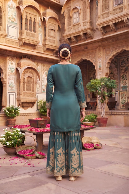 Teal Chinon Embroidered & Hand Work Designer Gharara Suit (Free Size Stitched)